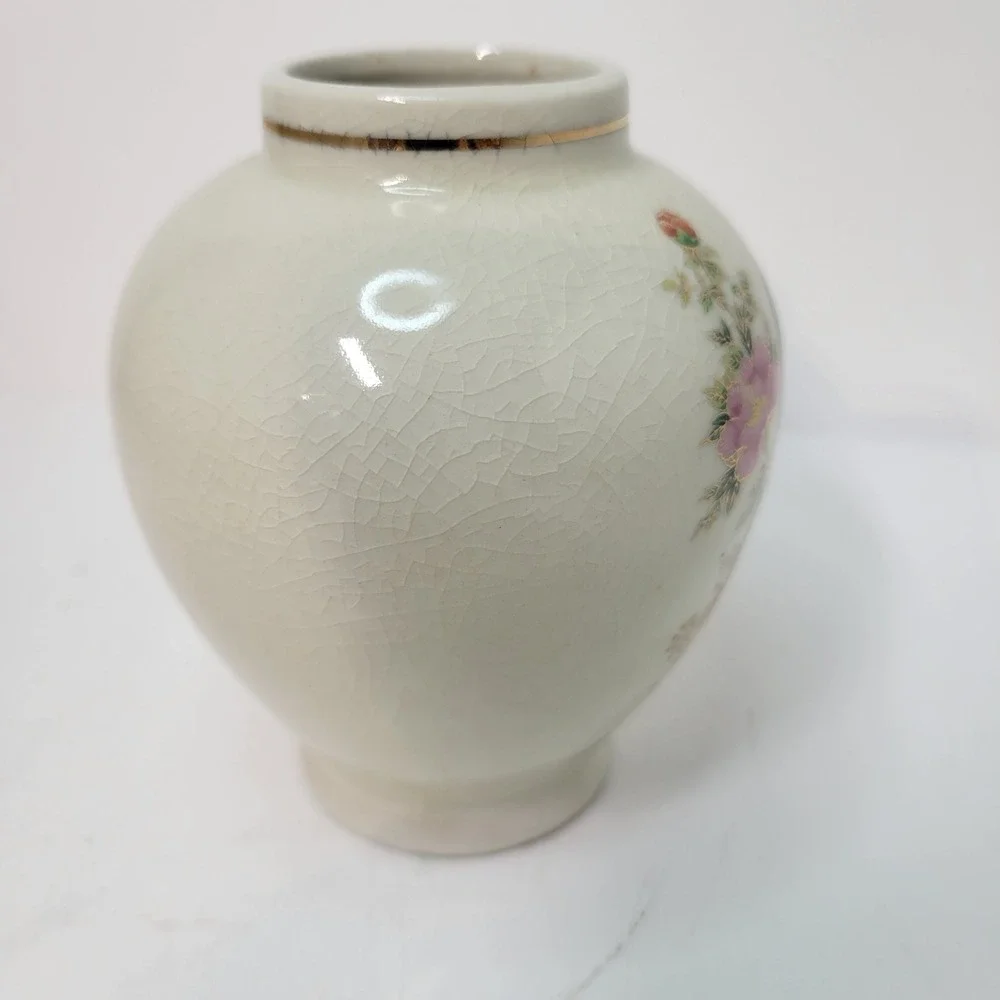 Vintage Japanese‎ Moriage Style Vase Floral Bird Design Gold Trim Crackle Glaze